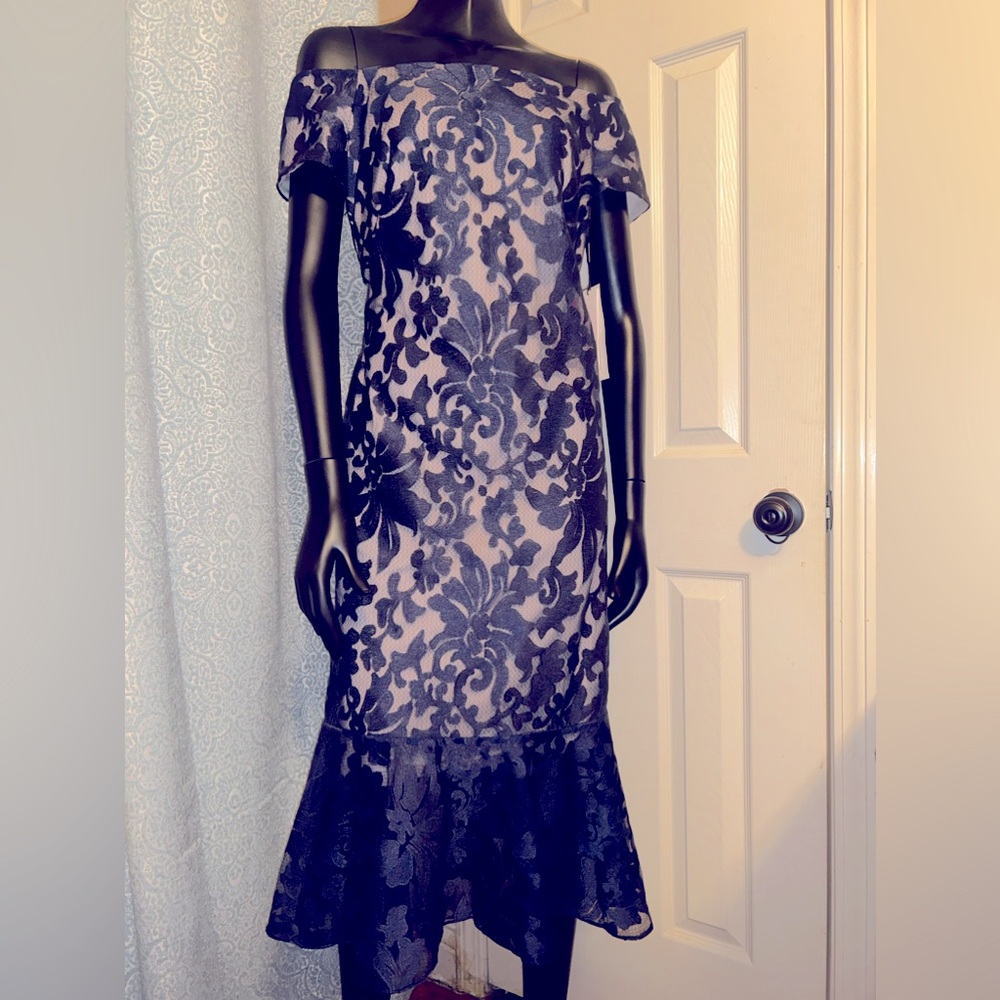 Calvin Klein off the shoulder sheath dress with navy lace overlay, NWT, size 10